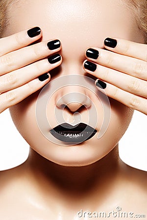 High fashion style, manicure. Black lips & nails