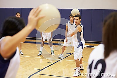 High School Students Playing Dodge Ball In Gym