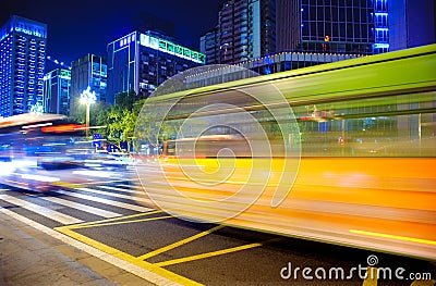 High speed and blurred bus light trails