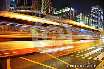 High speed and blurred bus light trails