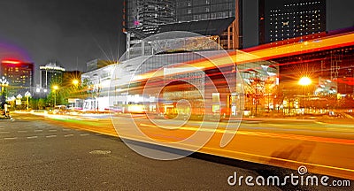 High speed and blurred bus light trails