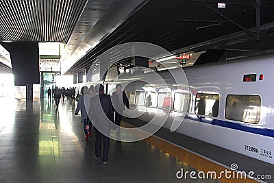 A maglev high-speed rail (HSR) train at Hongqiao railway station, Shanghai, China