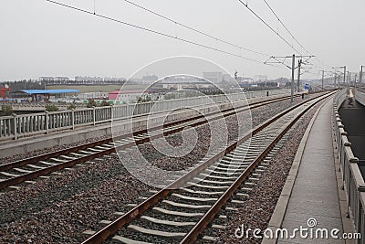 High-speed rail at railroad metal track with track