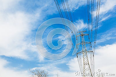 High voltage transmission tower in the wild