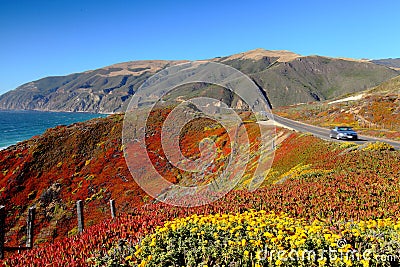 Highway 1 in California with colofrful mountains a