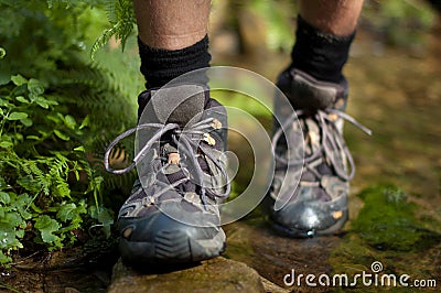 Hiking boots in an outdoor action