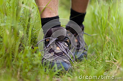 Hiking boots in an outdoor action