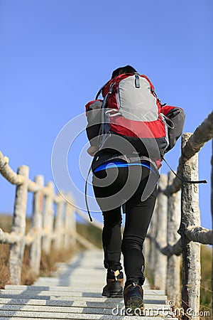 Hiking woman climbing up to mountain peak