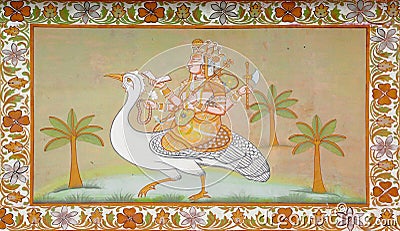 Hinduist god riding a bird on indian painting