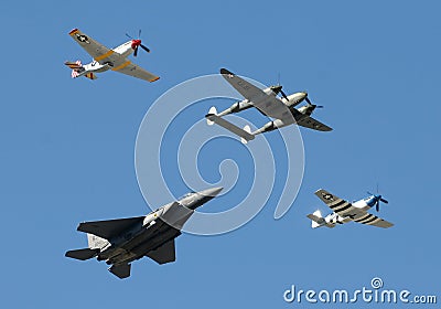 Historic military airplanes in fly by