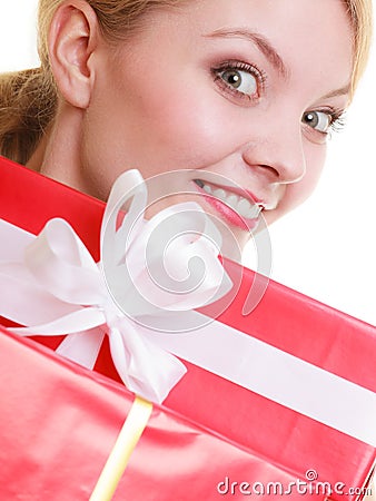 Holidays love happiness concept - girl with gift boxes - holidays-love-happiness-concept-girl-gift-boxes-people-celebrating-beautiful-blonde-red-isolated-45361524