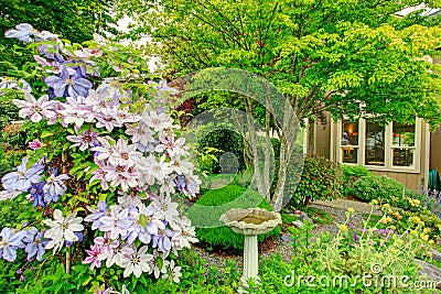 Home garden with antique fountain