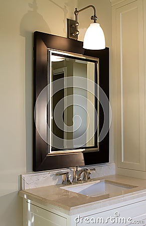 Home interior bathroom mirror and sink