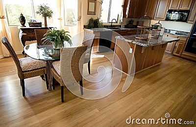 Home kitchen interior with hardwood flooring