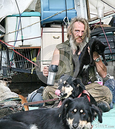 Homeless man with cat and dogs