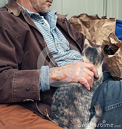 Homeless Man with Wine Bottle and Stray Cat