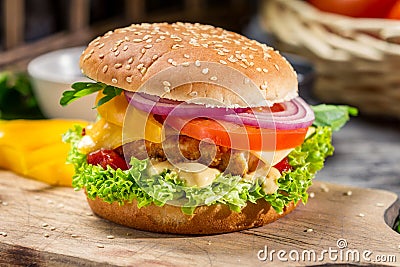 Homemade burger made ​​from fresh vegetables and chicken