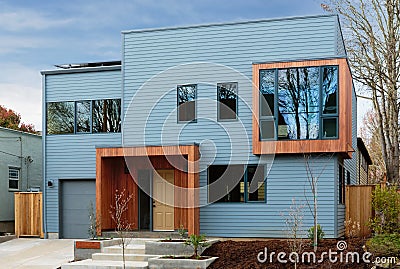 Horizonal shot of a modern, upscale home with blue sky