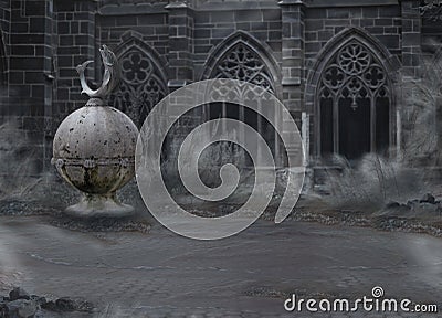 Horror. Medieval Mystic Spooky Castle with Archway in Dusk. Desolation in Mist