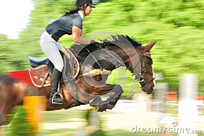 Horse with female jockey jumping a hurdle