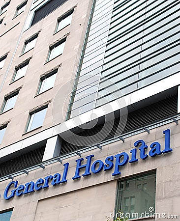 Hospital facade with sign