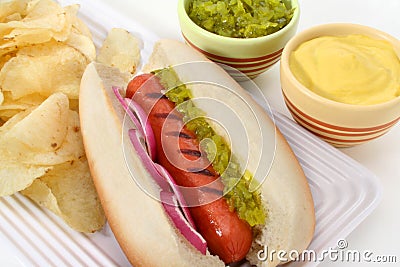 Hot dog and potato chips fast food meal