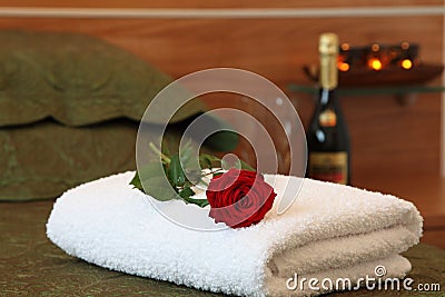 Hotel room with rose on bed.