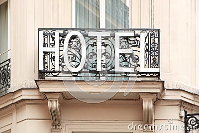 Hotel sign on balcony in the morning