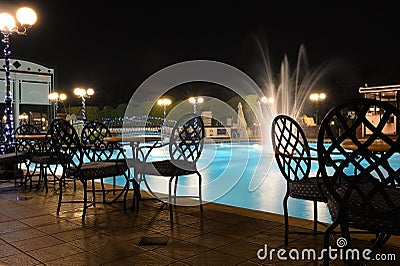 Hotel swimming pool at night