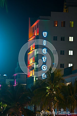 Hotel Victor at the Ocean Drive in Miami Beach at night