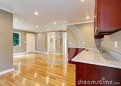 House interior. Empty living room with kitchen area