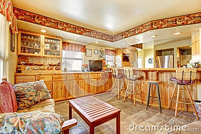 House interior. Open floor plan. Kitchen and dining area