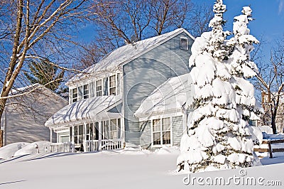 House and tree after snowstorm