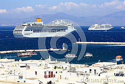 Huge cruise ship at anchor at mykonos island