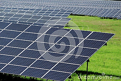 Huge field of solar power panels on meadow