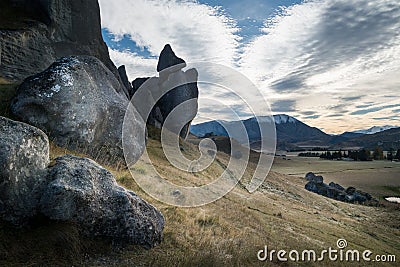 Huge Stone of Castle Hill in cloudy day, New Zealand