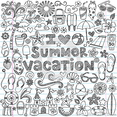 I Love Summer Vacation Tropical Doodle Vector