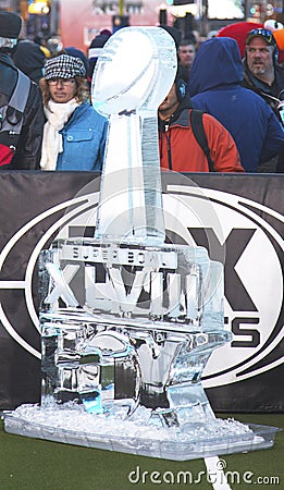 Ice carved Super Bowl XLVIII logo presented on Broadway at Super Bowl XLVIII week in Manhattan