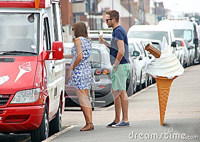 Ice cream queueing at van