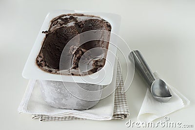 Ice cream in tray container on white background