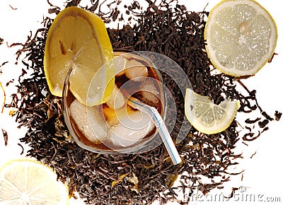 Ice tea and leaves of tea