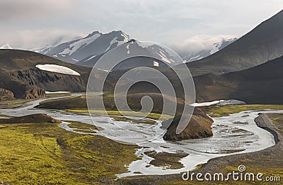 Iceland. South area. Fjallabak. Volcanic landscape with river.