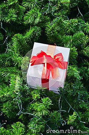 Ift box and red ribbon on christmas tree