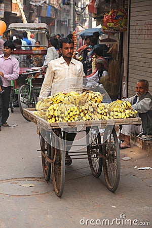 Indian banana salesman. Delhi, India.