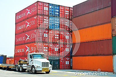 Industrial port, truck and containers