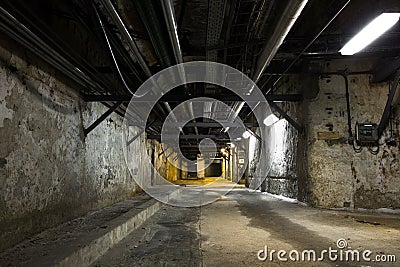 Inside an old industrial building, basement