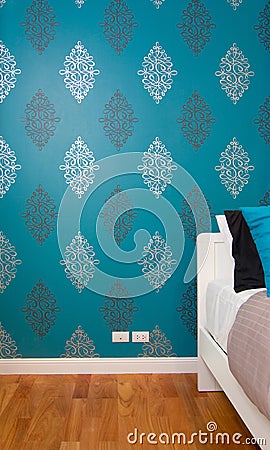Interior bedroom with luxury blue wallpaper