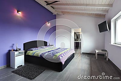 Interior, bedroom with purple wall