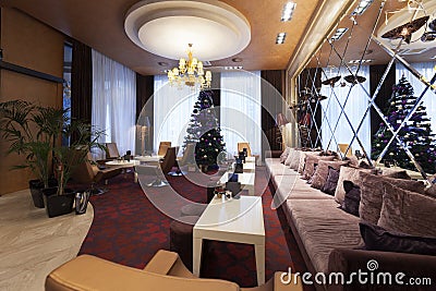 Interior of a hotel lobby with cafe