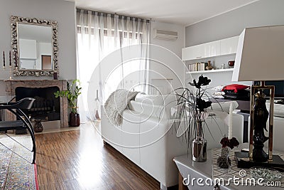 Interior of a living room, couch and mirror